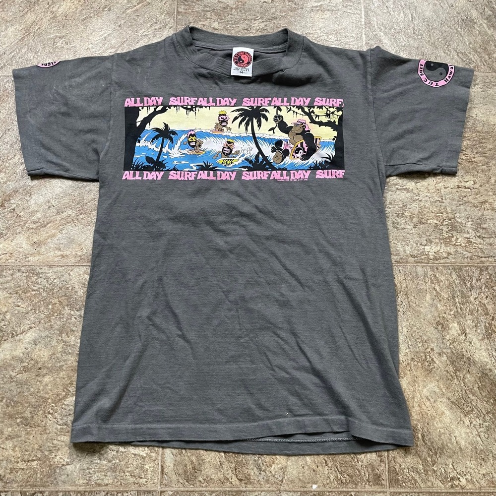 Vintage 1987 T&C Surf Designs Hawaii T-Shirt Gray All Day Surf All Night Rage M
